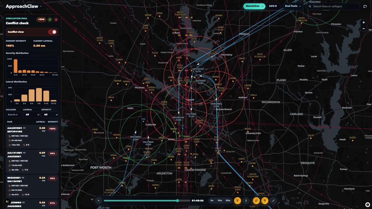SequenceZero conflict-check view over the Dallas–Fort Worth terminal area with a ranked conflict list.